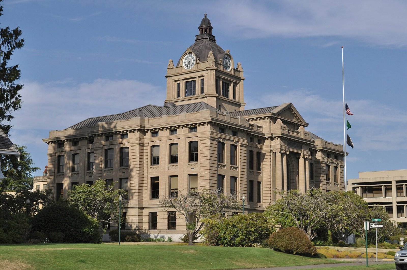 The Grays Harbor County courthouse, a stone civic building with a clock tower.