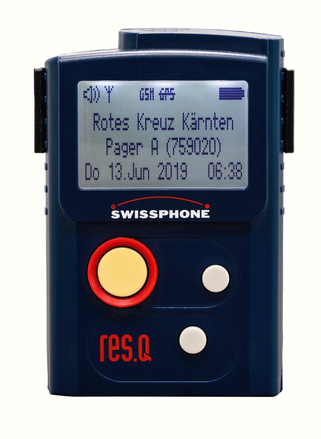 A rugged alphanumeric pager showing a dispatch message on screen.